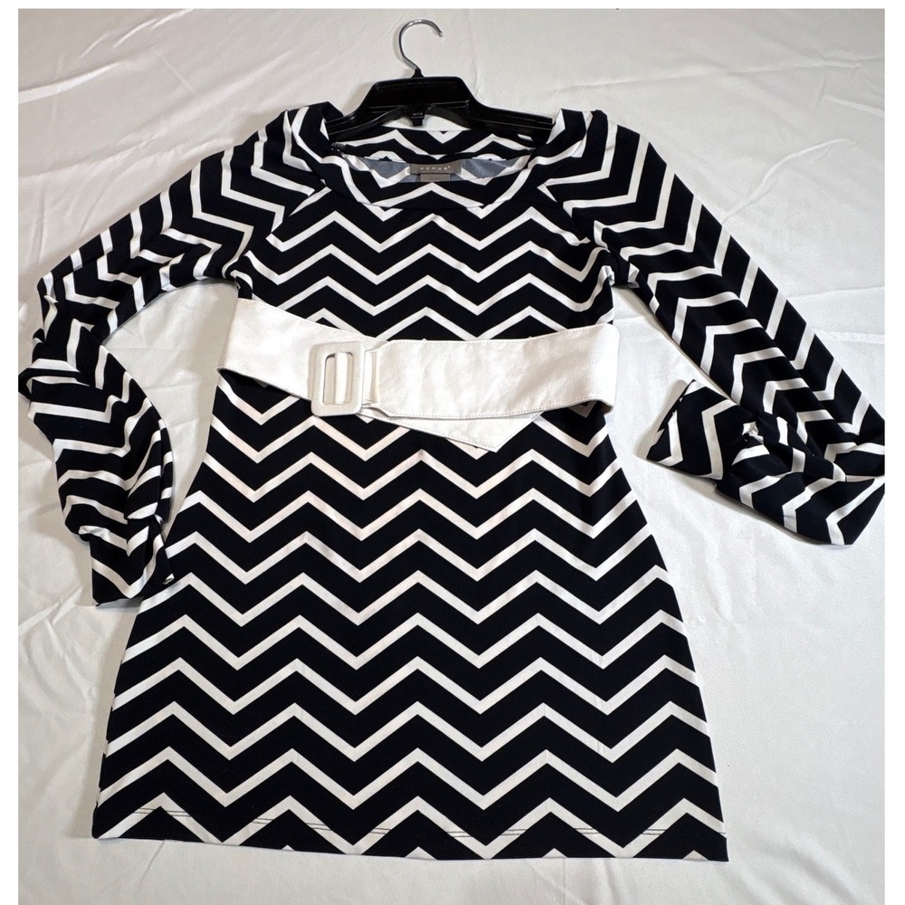 Kenar Black White Chevron Zigzag Belted Long Sleeve Mini Dress Small